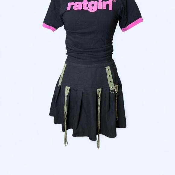 social collison Dresses & Skirts - Social Collision‎ black pleated mall goth mini skirt with olive bondage straps